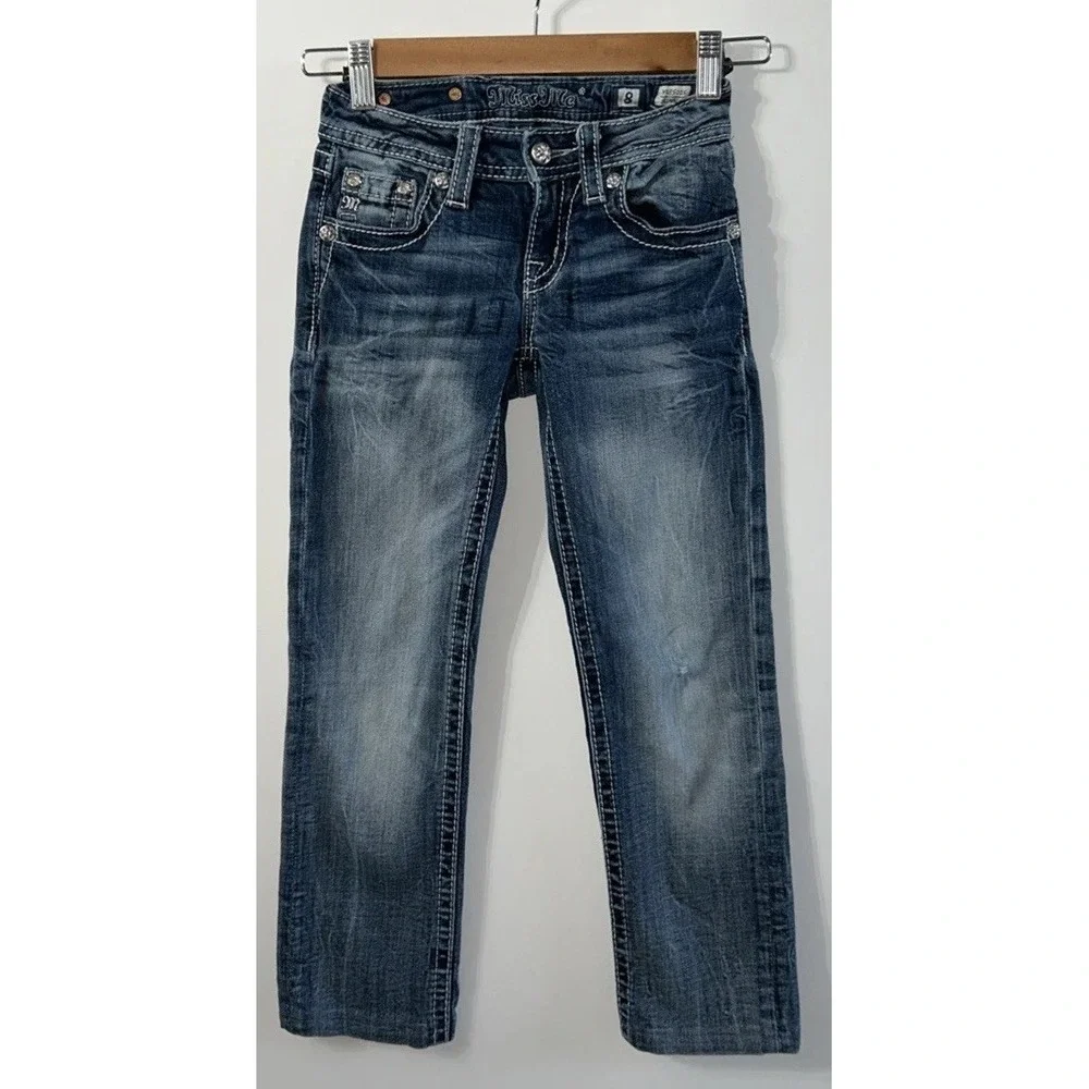 Miss Me Girls Skinny Denim Jeans Sequined Embroidered Pockets Blue  Sz 8 Stretch